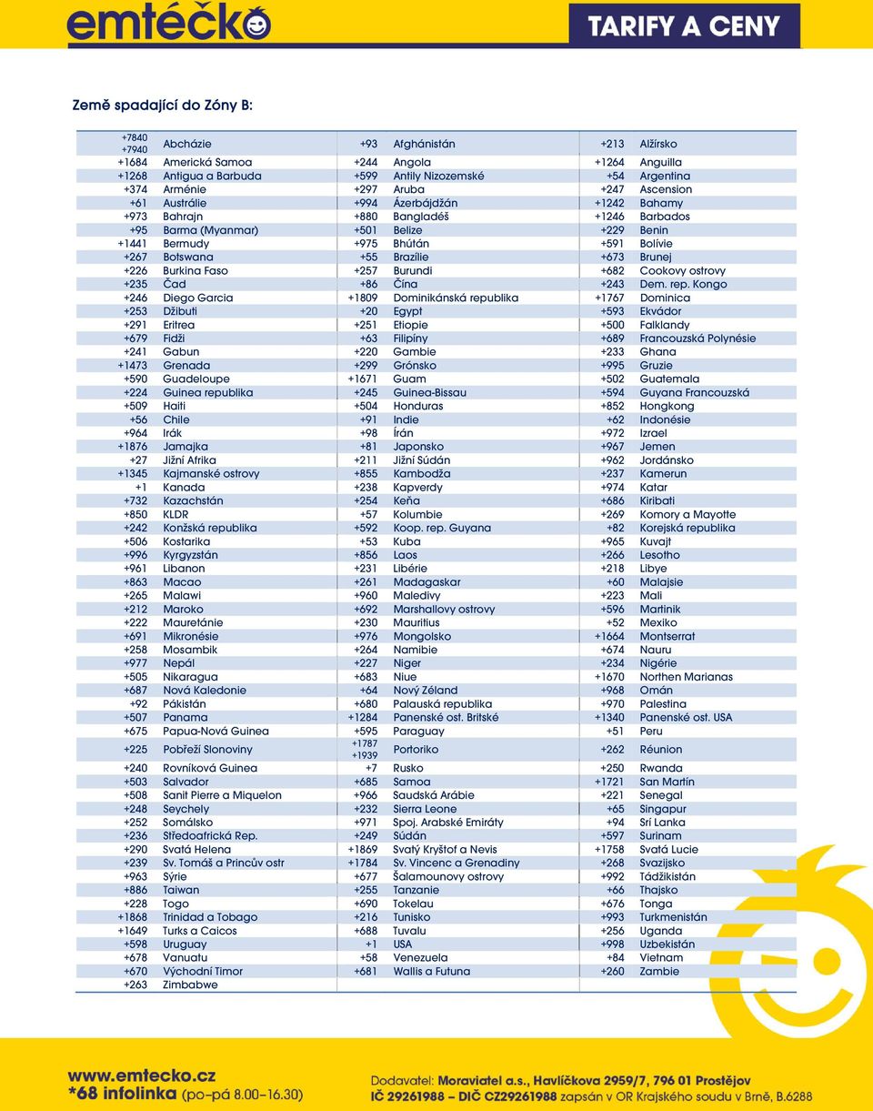 Botswana +55 Brazílie +673 Brunej +226 Burkina Faso +257 Burundi +682 Cookovy ostrovy +235 Čad +86 Čína +243 Dem. rep.