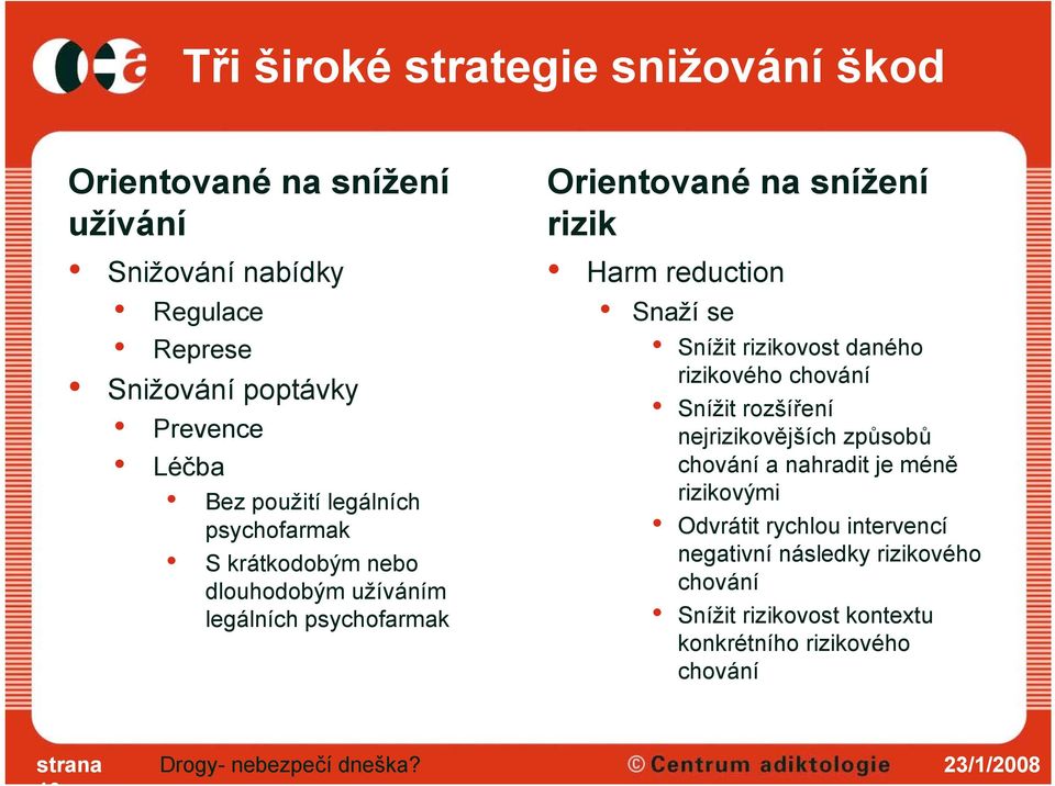 reduction Snaží se Snížit rizikovost daného rizikového chování Snížit rozšíření nejrizikovějších způsobů chování a nahradit je méně