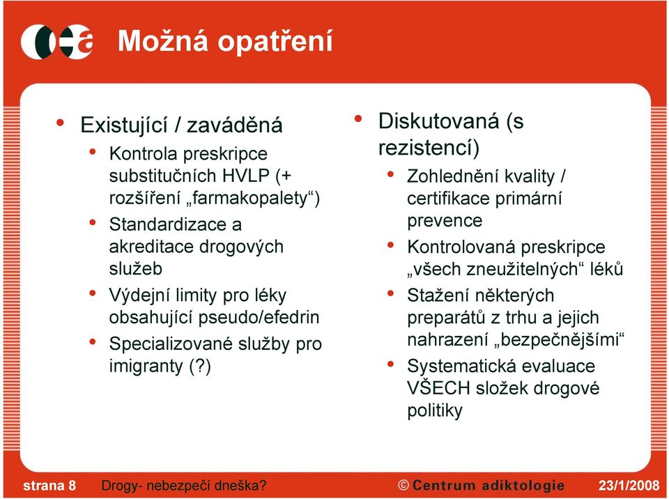 ) Diskutovaná (s rezistencí) Zohlednění kvality / certifikace primární prevence Kontrolovaná preskripce všech zneužitelných