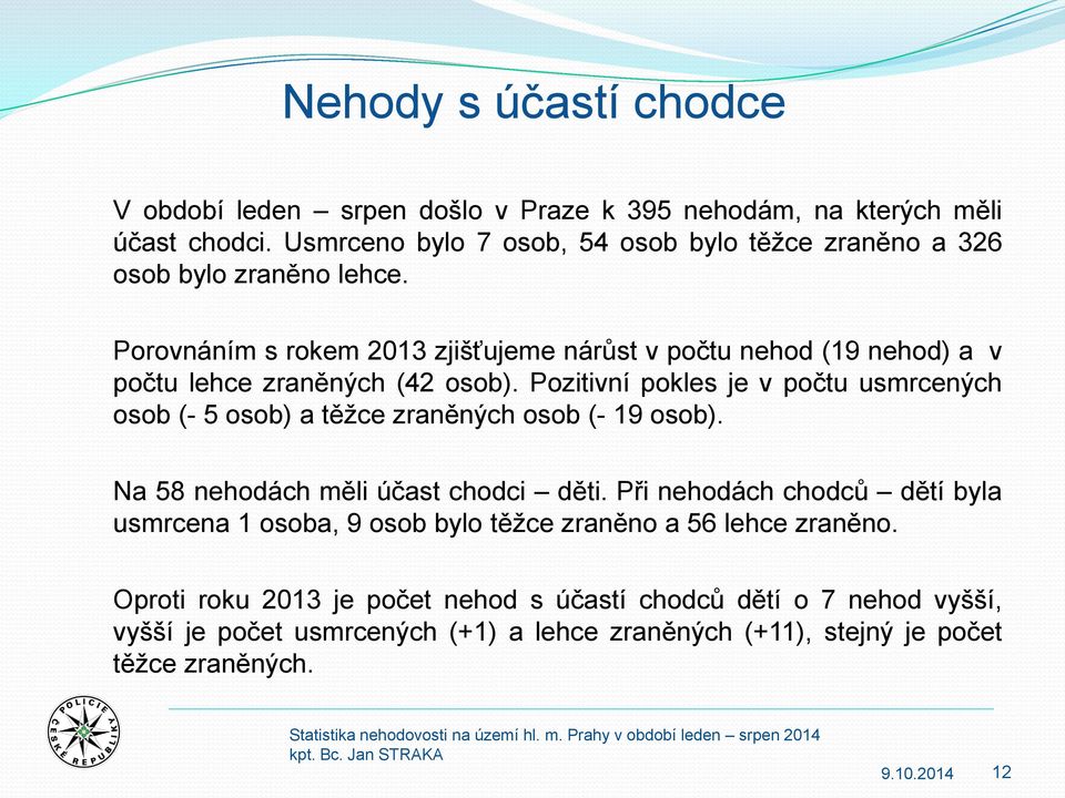 Porovnáním s rokem 2013 zjišťujeme nárůst v počtu nehod (19 nehod) a v počtu lehce zraněných (42 osob).