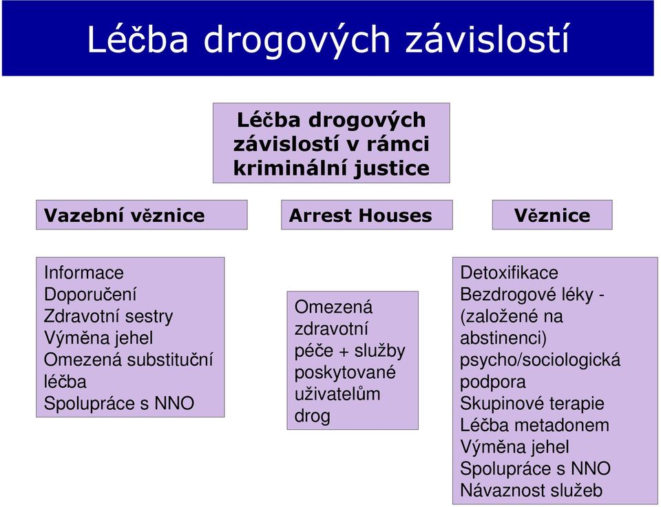 Omezená zdravotní péče + služby poskytované uživatelům drog Detoxifikace Bezdrogové léky - (založené na