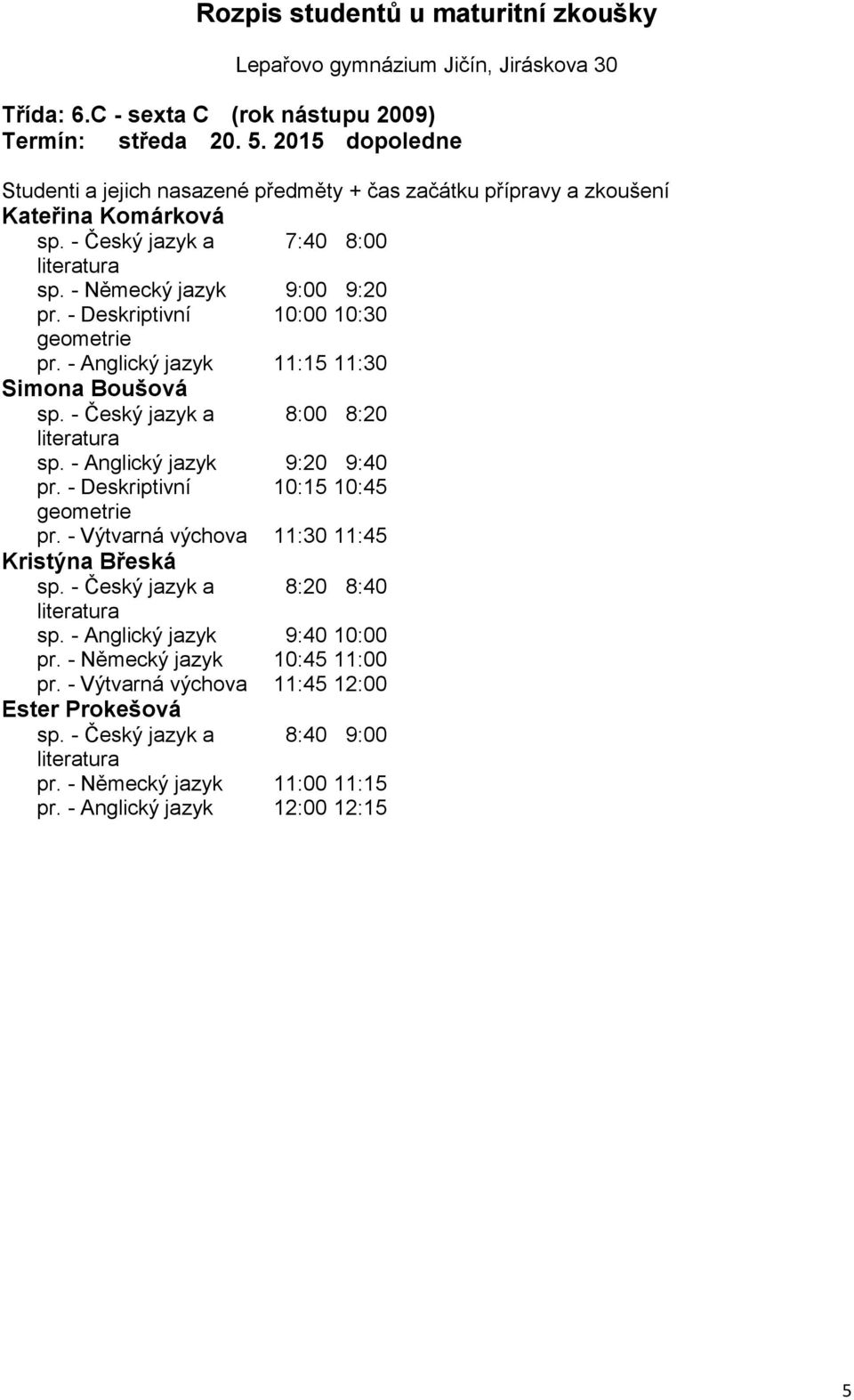 - Deskriptivní 10:15 10:45 pr. - Výtvarná výchova 11:30 11:45 Kristýna Břeská sp. - Anglický jazyk 9:40 10:00 pr.