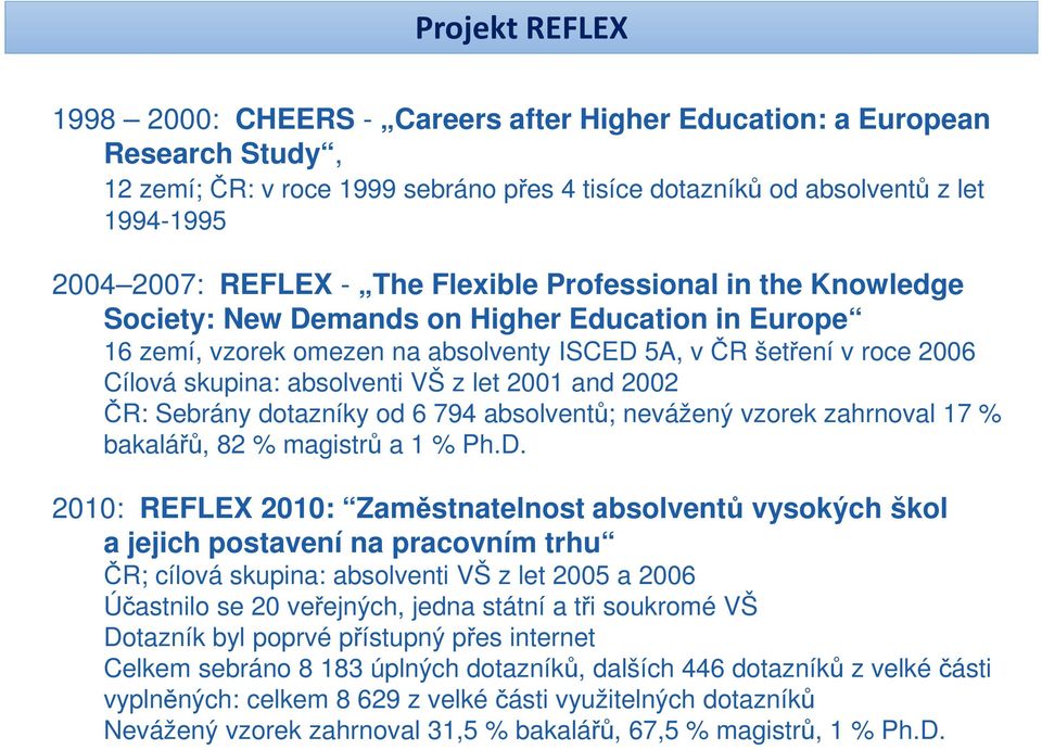let 2001 and 2002 ČR: Sebrány dotazníky od 6 794 absolventů; nevážený vzorek zahrnoval 17 % bakalářů, 82 % magistrů a 1 % Ph.D.