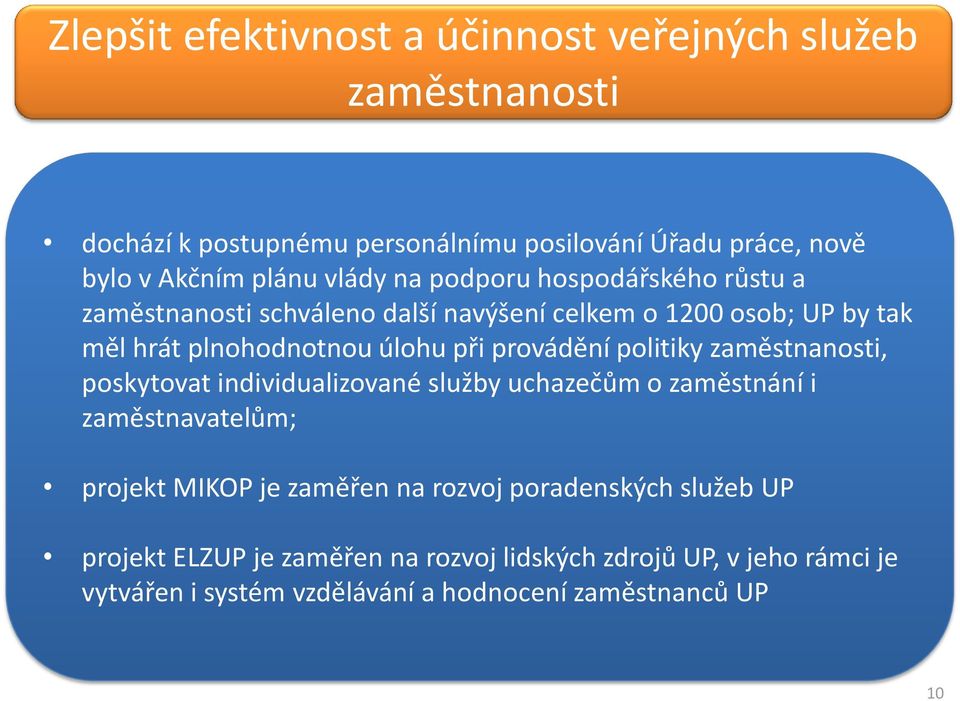 provádění politiky zaměstnanosti, poskytovat individualizované služby uchazečům o zaměstnání i zaměstnavatelům; projekt MIKOP je zaměřen na rozvoj