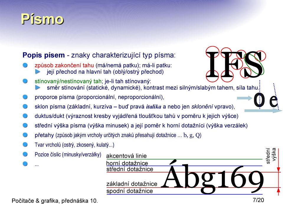 proporce písma (proporcionální, neproporcionální), sklon písma (základní, kurzíva buď pravá italika a nebo jen sklonění vpravo), duktus/dukt (výraznost kresby vyjádřená tloušťkou tahů v poměru k