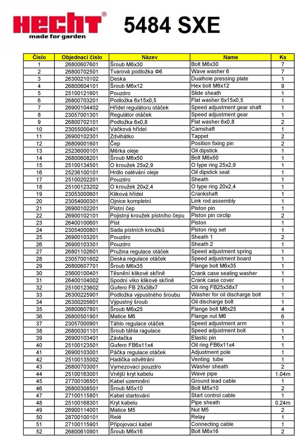 26800702101 Podložka 6x0,8 Flat washer 6x0,8 2 10 23055000401 Vačková hřídel Camshaft 1 11 26900102301 Zdvihátko Tappet 2 12 26809001601 Čep Position fixing pin 2 13 25236000101 Měrka oleje Oil