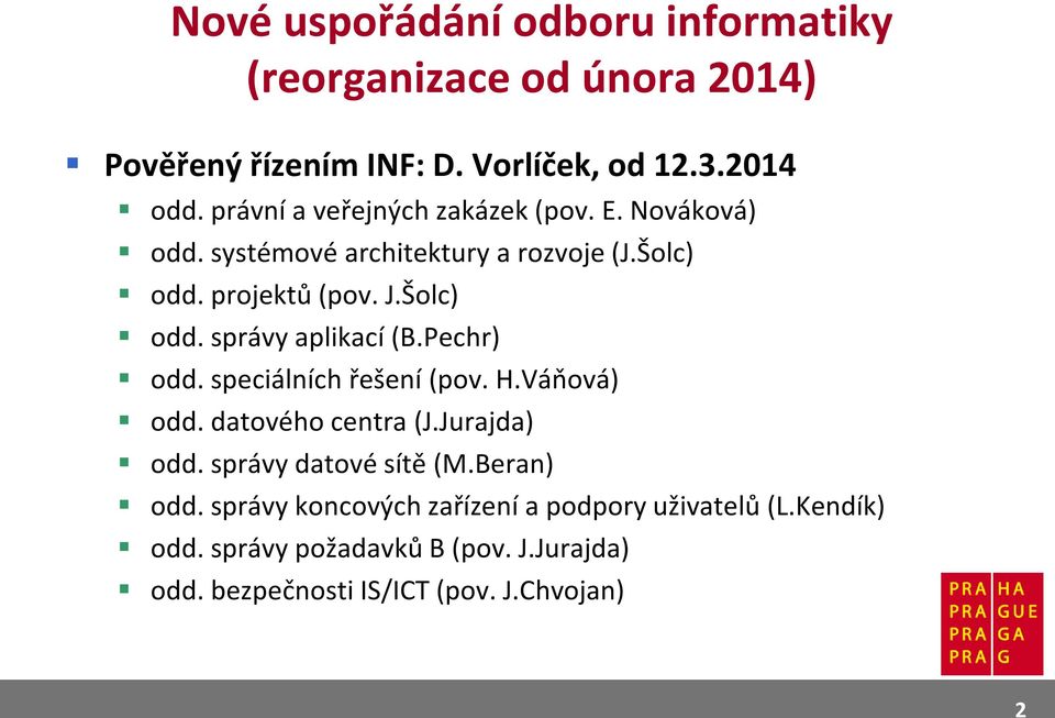 Pechr) odd. speciálních řešení (pov. H.Váňová) odd. datového centra (J.Jurajda) odd. správy datové sítě (M.Beran) odd.