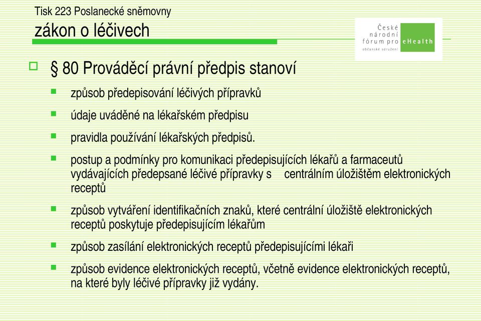 postup a podmínky pro komunikaci předepisujících lékařů a farmaceutů vydávajících předepsané léčivé přípravky s centrálním úložištěm elektronických receptů způsob