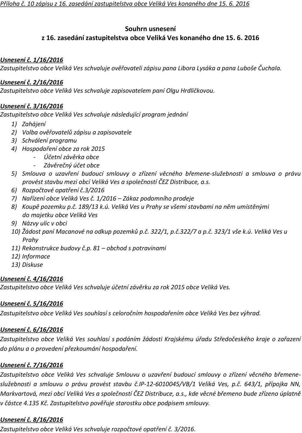 2/16/2016 Zastupitelstvo obce Veliká Ves schvaluje zapisovatelem paní Olgu Hrdličkovou. Usnesení č.
