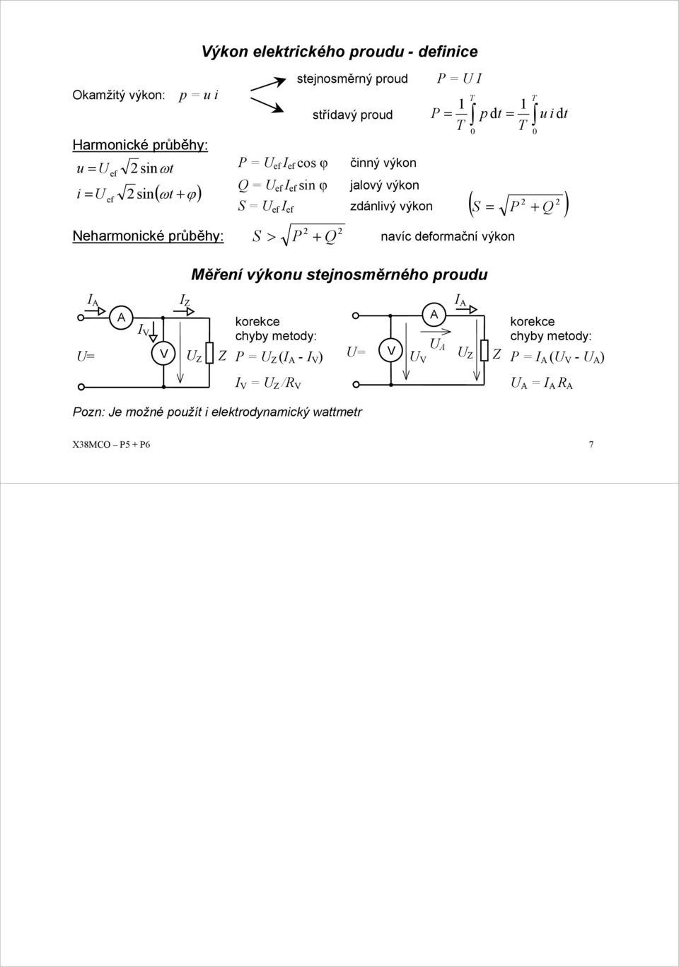 výkon S > P Q navíc defomační výkon Měření výkonu stejnosměného poudu T T 0 u i dt ( S = P Q ) A Z A V V = Z Z koekce koekce chyby