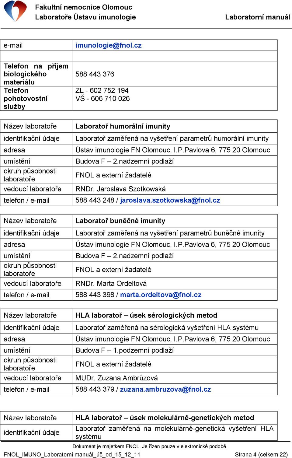 laboratoře identifikační údaje adresa umístění okruh působnosti laboratoře vedoucí laboratoře telefon / e-mail Název laboratoře identifikační údaje adresa umístění okruh působnosti laboratoře vedoucí