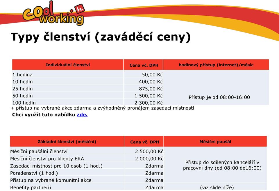 přístup na vybrané akce zdarma a zvýhodněný pronájem zasedací místnosti Chci využít tuto nabídku zde. Základní členství (měsíční) Cena vč.