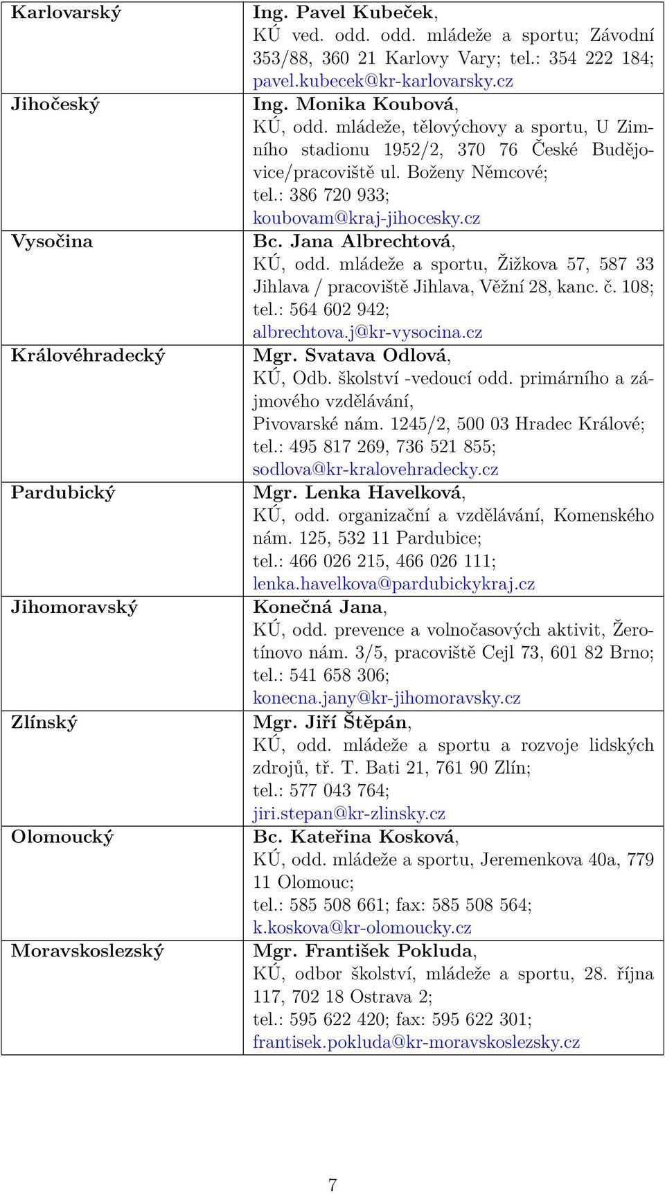 : 386 720 933; koubovam@kraj-jihocesky.cz Bc. Jana Albrechtová, KÚ, odd. mládeže a sportu, Žižkova 57, 587 33 Jihlava / pracoviště Jihlava, Věžní 28, kanc. č. 108; tel.: 564 602 942; albrechtova.