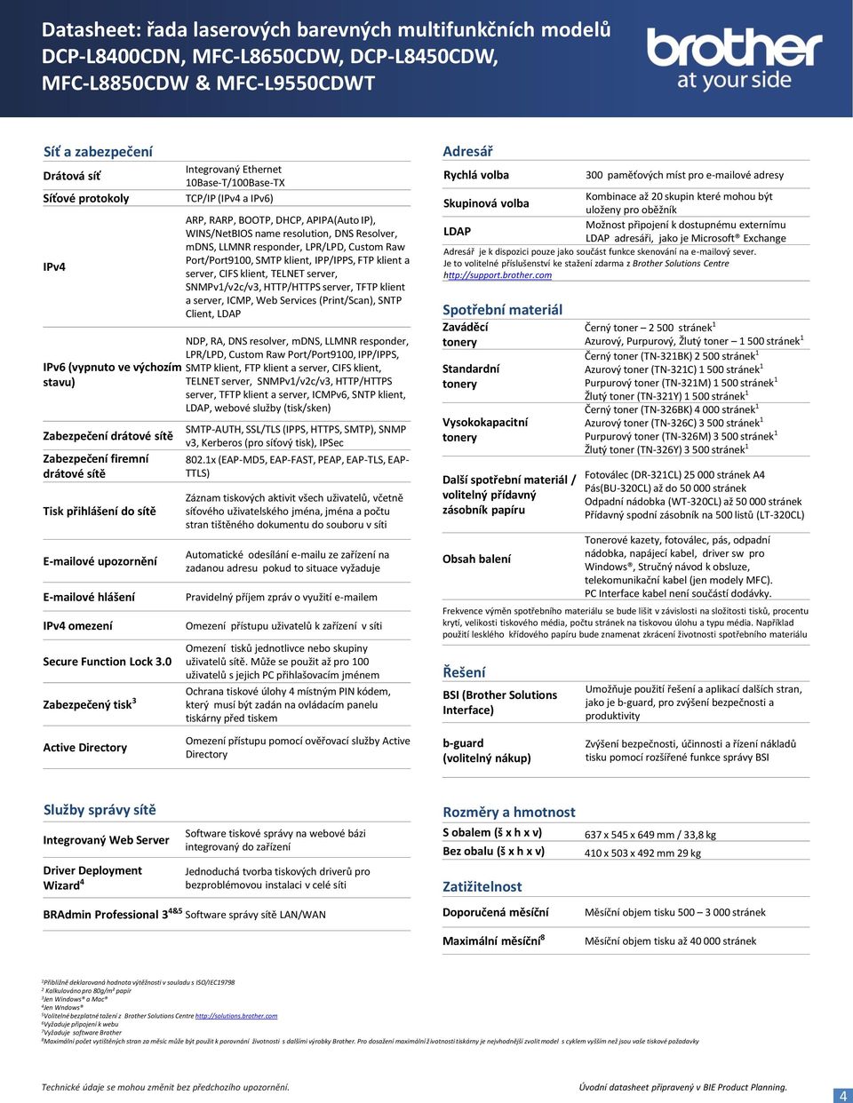 0 Zabezpečený tisk 3 Integrovaný Ethernet 10Base-T/100Base-TX TCP/IP (IPv4 a IPv6) ARP, RARP, BOOTP, DHCP, APIPA(Auto IP), WINS/NetBIOS name resolution, DNS Resolver, mdns, LLMNR responder, LPR/LPD,