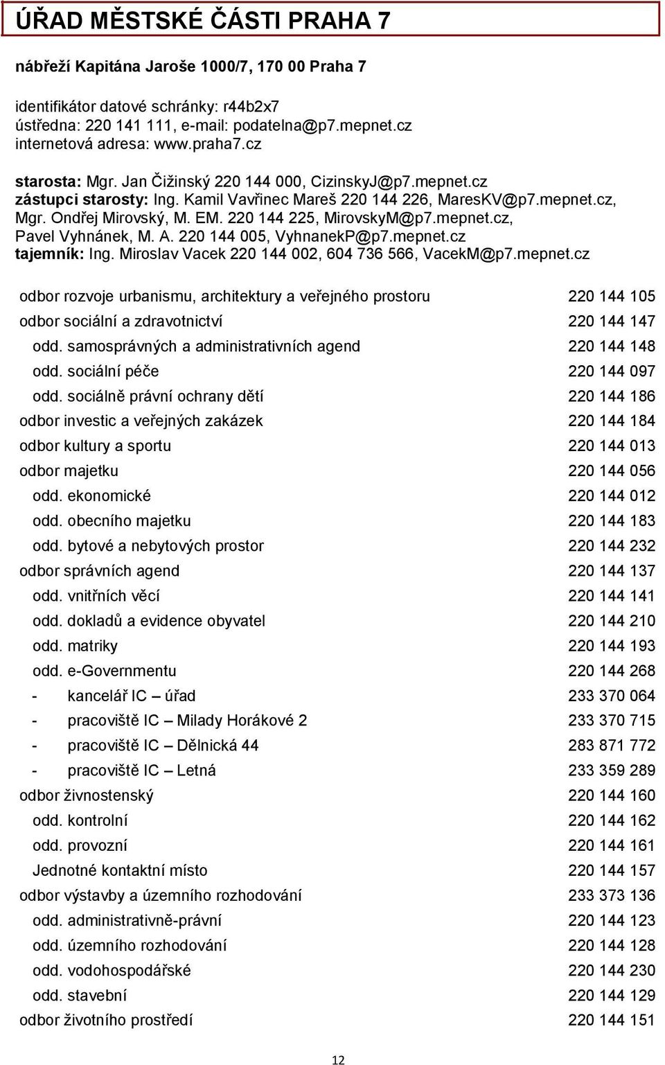 220 144 225, MirovskyM@p7.mepnet.cz, Pavel Vyhnánek, M. A. 220 144 005, VyhnanekP@p7.mepnet.cz tajemník: Ing. Miroslav Vacek 220 144 002, 604 736 566, VacekM@p7.mepnet.cz odbor rozvoje urbanismu, architektury a veřejného prostoru 220 144 105 odbor sociální a zdravotnictví 220 144 147 odd.