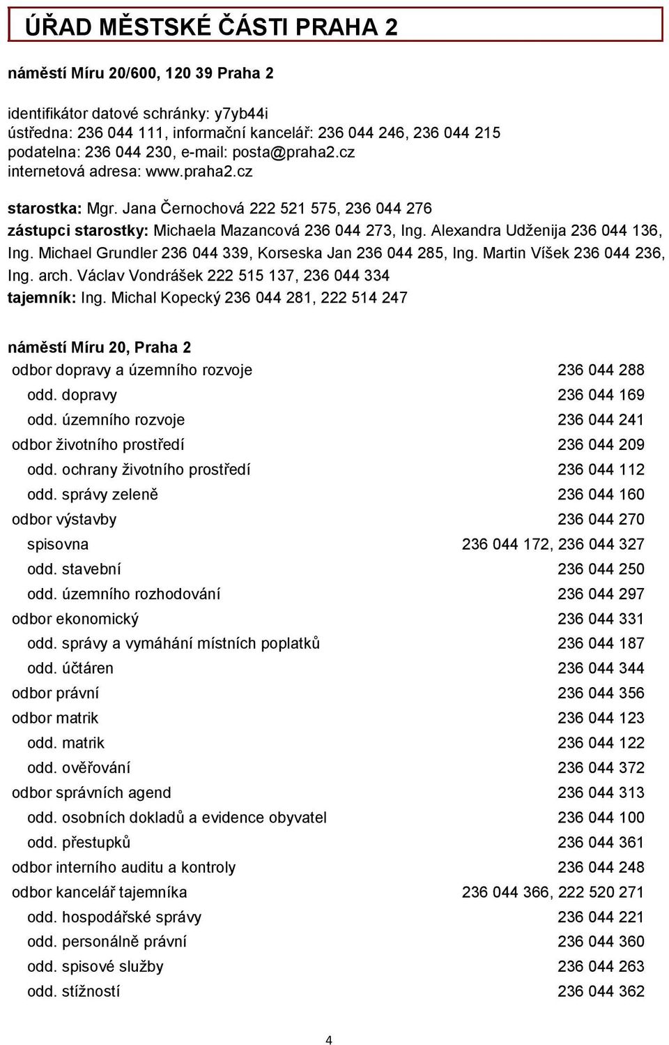 Alexandra Udženija 236 044 136, Ing. Michael Grundler 236 044 339, Korseska Jan 236 044 285, Ing. Martin Víšek 236 044 236, Ing. arch. Václav Vondrášek 222 515 137, 236 044 334 tajemník: Ing.