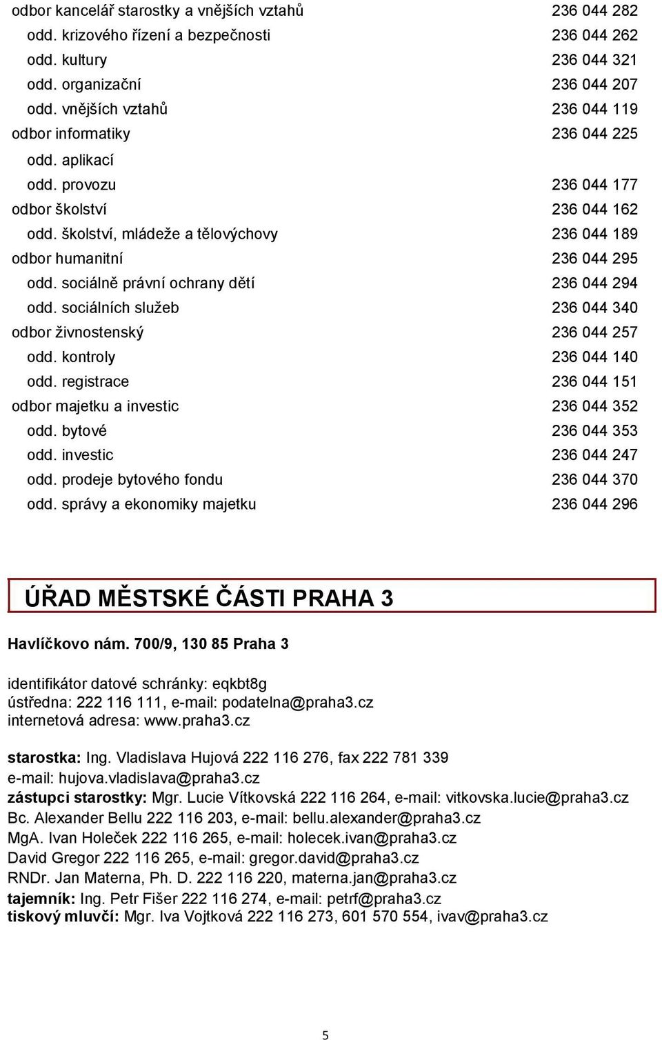 školství, mládeže a tělovýchovy 236 044 189 odbor humanitní 236 044 295 odd. sociálně právní ochrany dětí 236 044 294 odd. sociálních služeb 236 044 340 odbor živnostenský 236 044 257 odd.