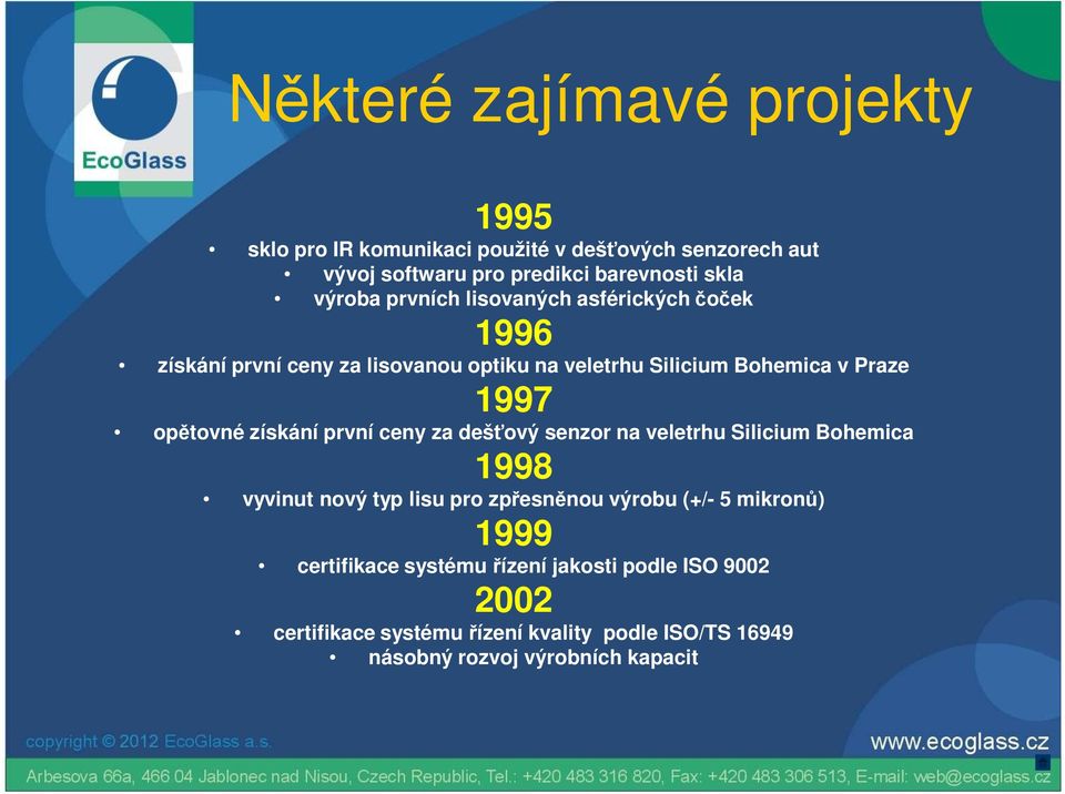 opětovné získání první ceny za dešťový senzor na veletrhu Silicium Bohemica 1998 vyvinut nový typ lisu pro zpřesněnou výrobu (+/- 5