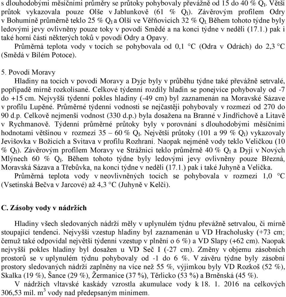 .1.) pak i také horní části některých toků v povodí Odry a Opavy. Průměrná teplota vody v tocích se pohybovala od 0,1 C (Odra v Odrách) do 2,3 C (Smědá v Bílém Potoce). 5.