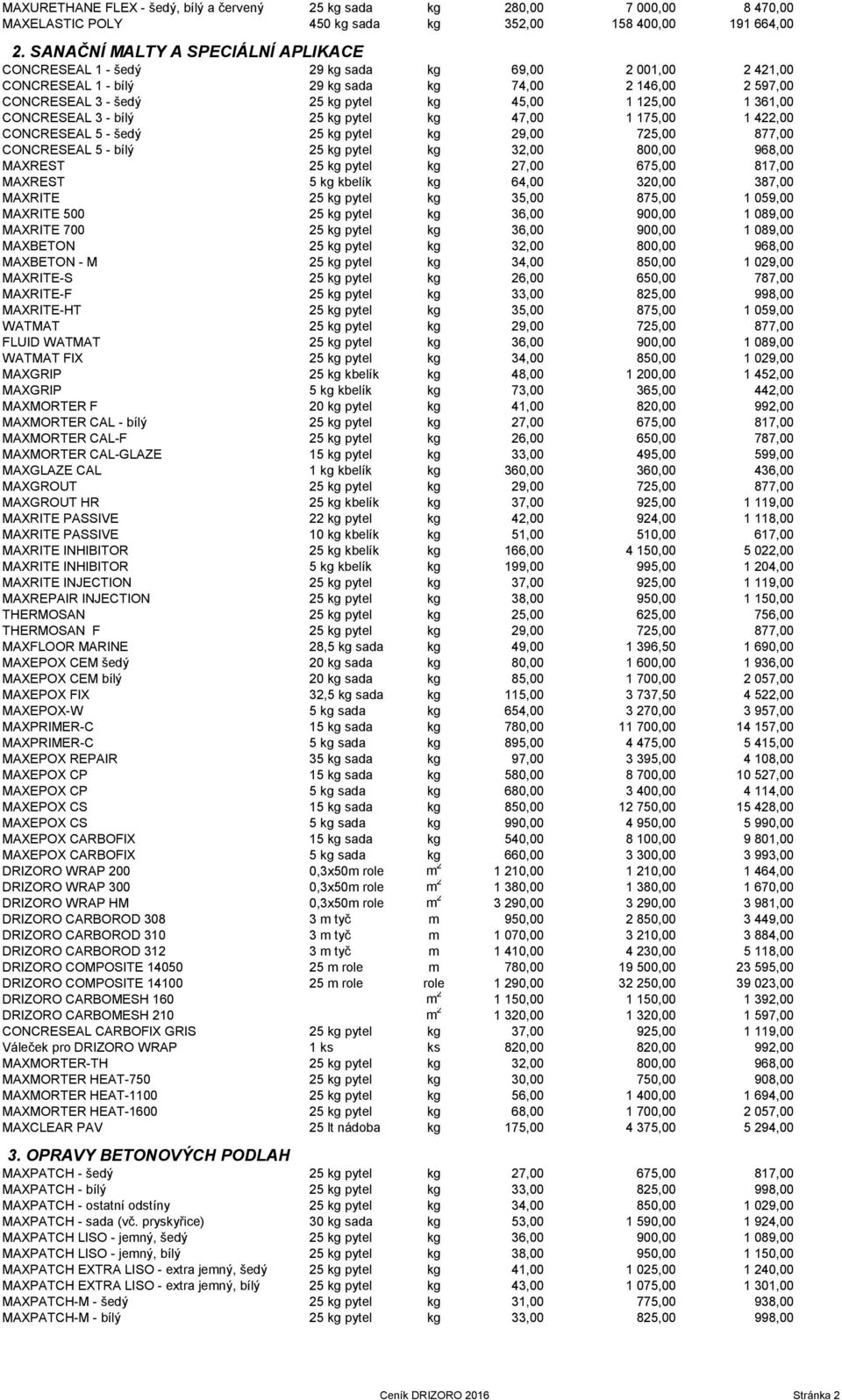 125,00 1 361,00 CONCRESEAL 3 - bílý 25 kg pytel kg 47,00 1 175,00 1 422,00 CONCRESEAL 5 - šedý 25 kg pytel kg 29,00 725,00 877,00 CONCRESEAL 5 - bílý 25 kg pytel kg 32,00 800,00 968,00 MAXREST 25 kg