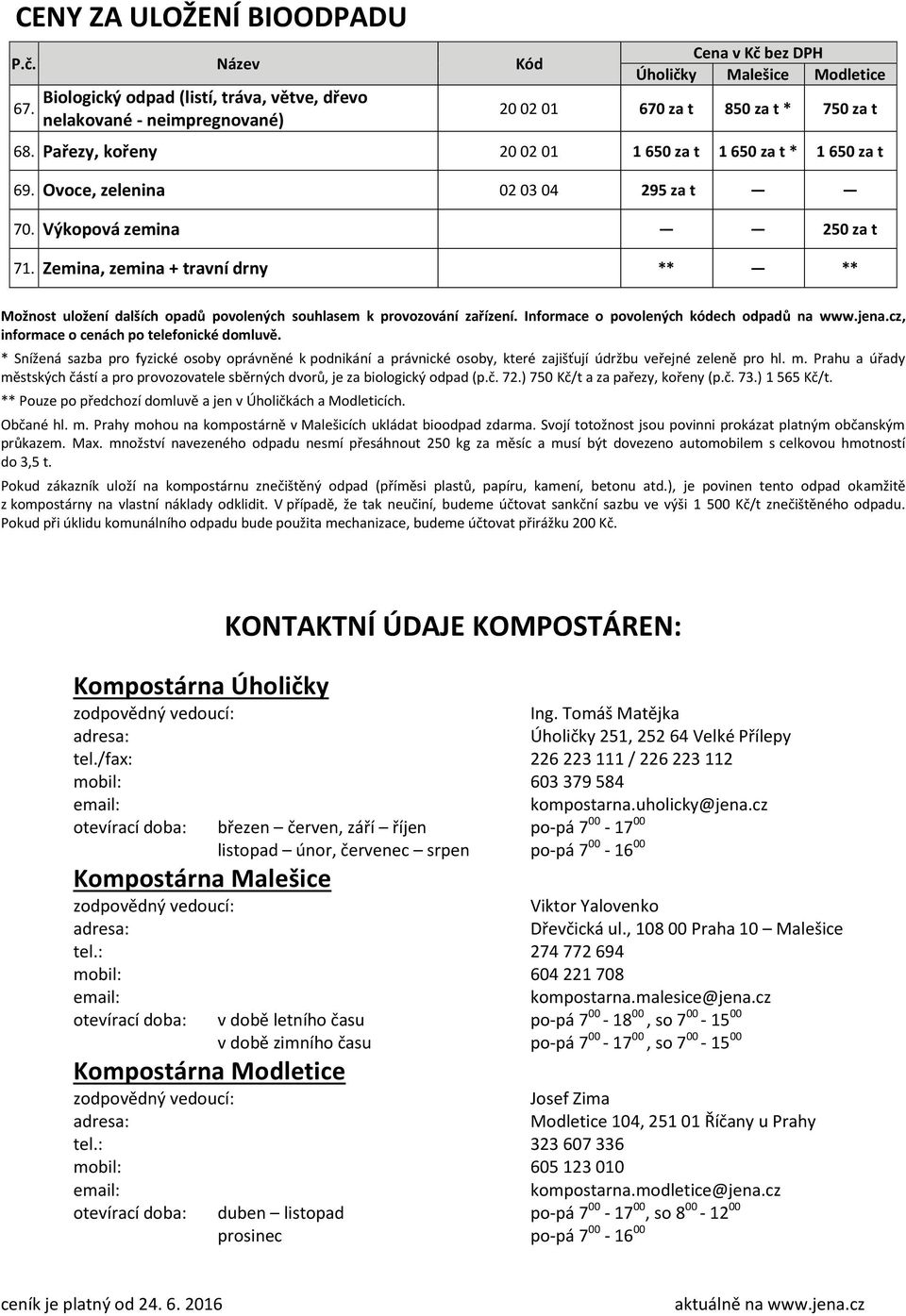 Zemina, zemina + travní drny ** ** Možnost uložení dalších opadů povolených souhlasem k provozování zařízení. Informace o povolených kódech odpadů na www.jena.