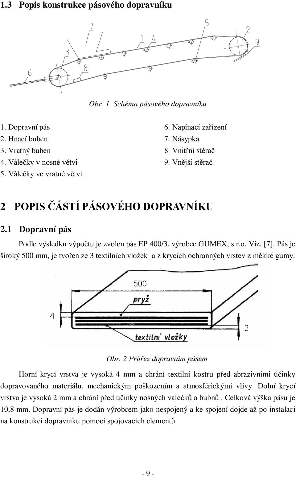 Pás je široký 500 mm, je tvořen ze 3 textilních vložek a z krycích ochranných vrstev z měkké gumy. Obr.