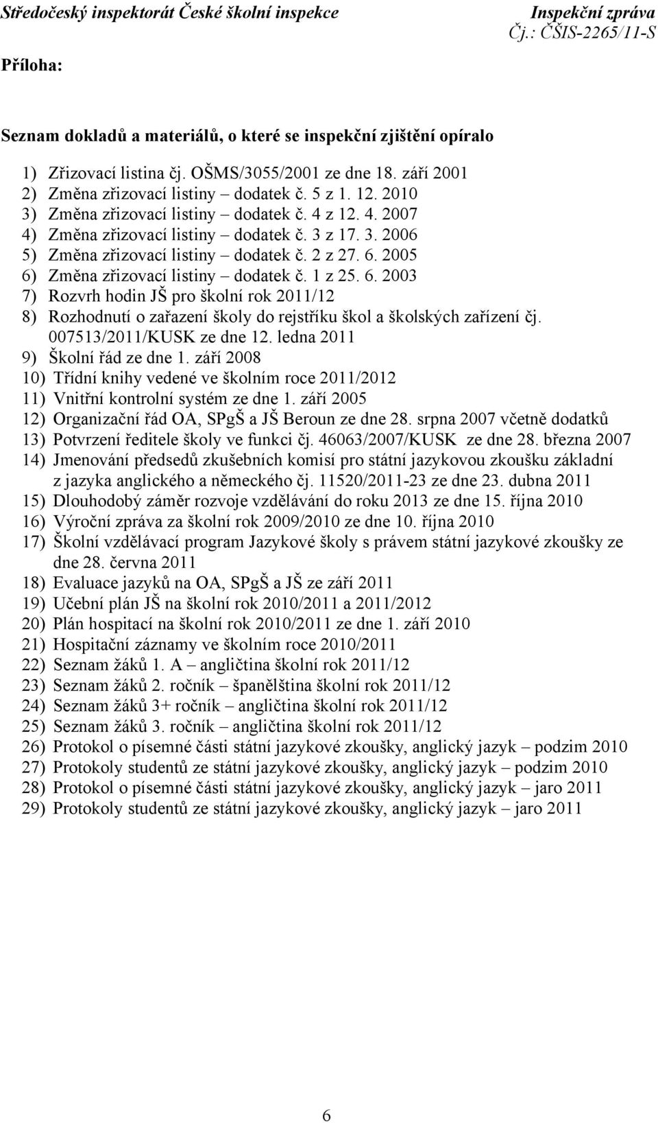 2005 6) Změna zřizovací listiny dodatek č. 1 z 25. 6. 2003 7) Rozvrh hodin JŠ pro školní rok 2011/12 8) Rozhodnutí o zařazení školy do rejstříku škol a školských zařízení čj.