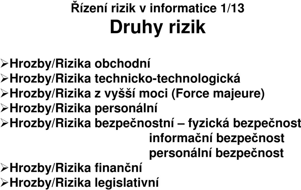 Hrozby/Rizika personální Hrozby/Rizika bezpečnostní fyzická