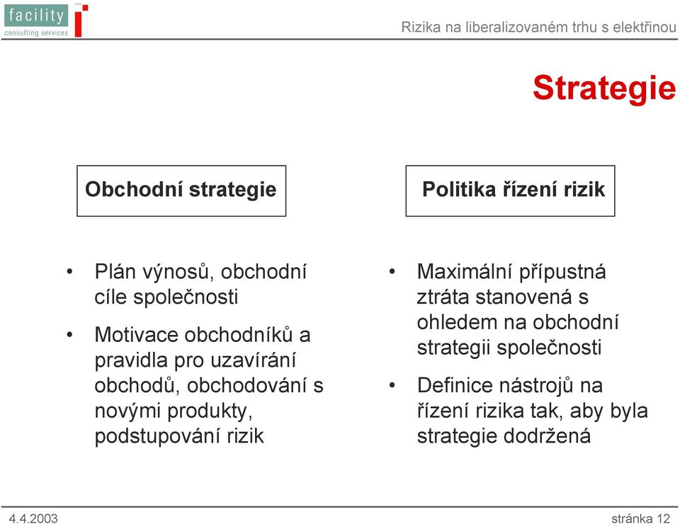 podstupování rizik Maximální přípustná ztráta stanovená s ohledem na obchodní strategii