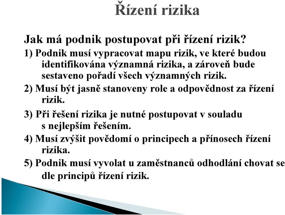 všech významných rizik. 2) Musí být jasně stanoveny role a odpovědnost za řízení rizik.