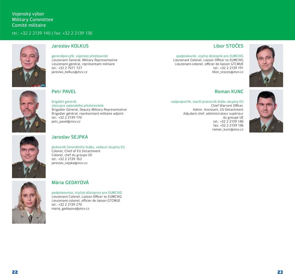 : +32 2 7071 727 jaroslav_kolkus@mzv.cz Libor STOČES podplukovník, styčný důstojník pro EUMCWG Lieutenant Colonel, Liaison Offi cer to EUMCWG Lieutenant-colonel, offi cier de liaison GTCMUE tel.