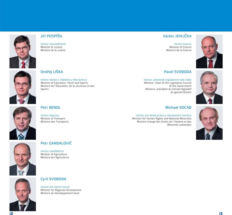 Council of the Government Ministre, président du Conseil législatif du gouvernement Petr BENDL ministr dopravy Minister of Transport Ministre des Transports Michael KOCÁB ministr pro lidská práva a