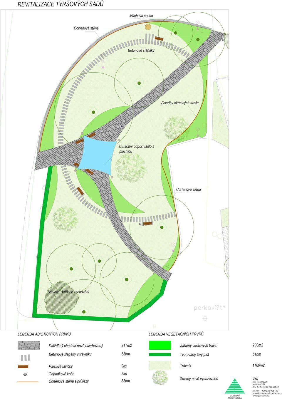navrhovaný 27m2 Záhony okrasných travin 203m2 Betonové šlapáky v trávníku 65bm Tvarovaný živý plot 6bm arkové lavičky 9ks
