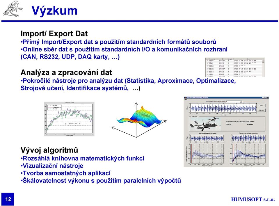 analýzu dat (Statistika, Aproximace, Optimalizace, Strojové učení, Identifikace systémů, ) Vývoj algoritmů Rozsáhlá knihovna