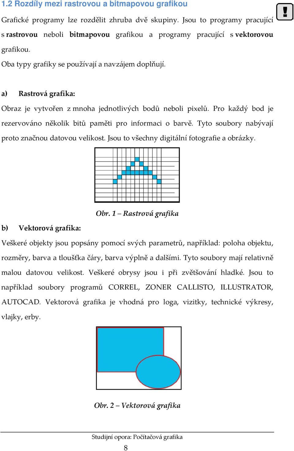 a) Rastrová grafika: Obraz je vytvořen z mnoha jednotlivých bodů neboli pixelů. Pro každý bod je rezervováno několik bitů paměti pro informaci o barvě.