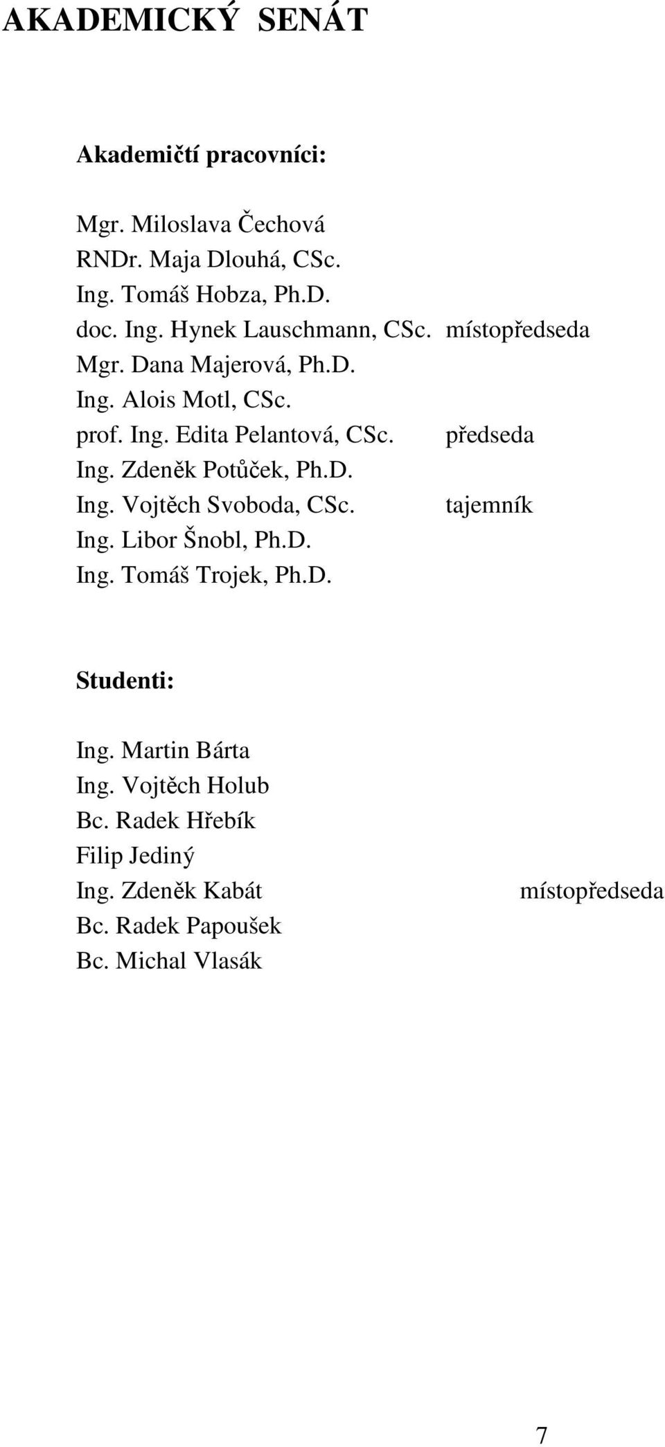 Zdeněk Potůček, Ph.D. Ing. Vojtěch Svoboda, CSc. tajemník Ing. Libor Šnobl, Ph.D. Ing. Tomáš Trojek, Ph.D. Studenti: Ing.