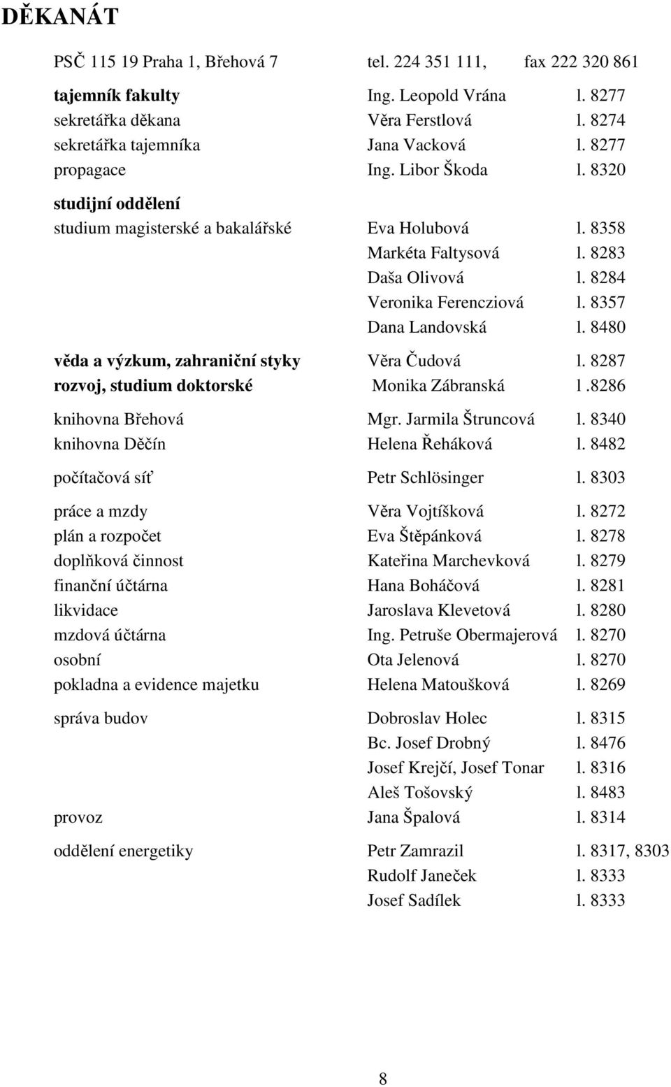 8357 Dana Landovská l. 8480 věda a výzkum, zahraniční styky Věra Čudová l. 8287 rozvoj, studium doktorské Monika Zábranská l.8286 knihovna Břehová Mgr. Jarmila Štruncová l.