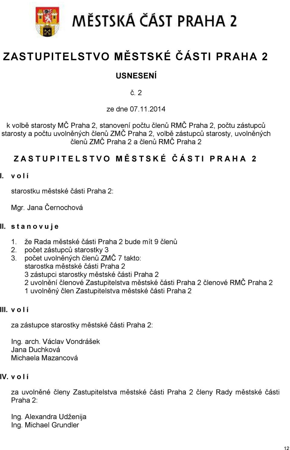 Praha 2 Z A S T U P I T E L S T V O M Ě S T S K É Č Á S T I P R A H A 2 I. v o l í starostku městské části Praha 2: Mgr. Jana Černochová II. s t a n o v u j e 1.