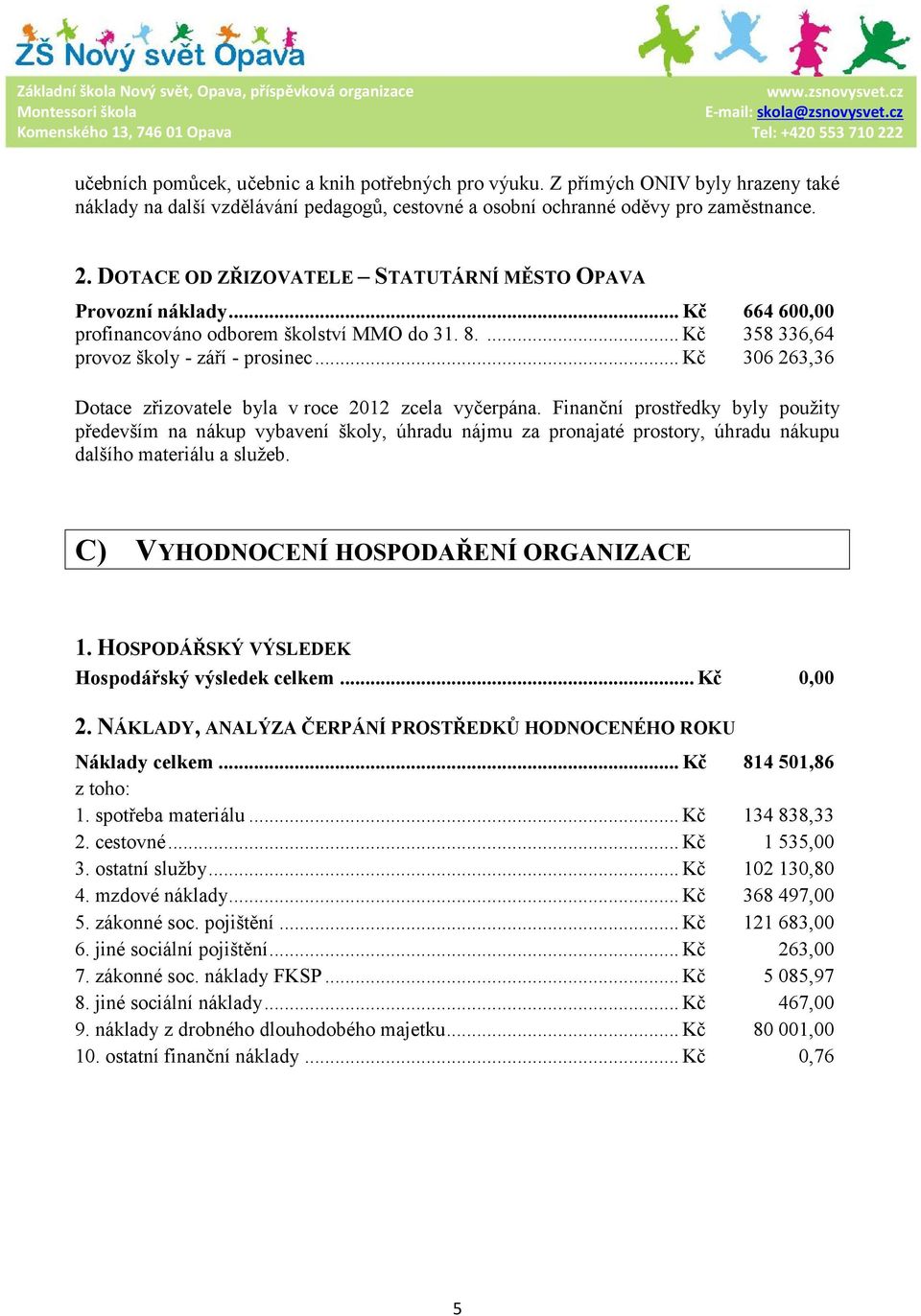 .. Kč 306 263,36 Dotace zřizovatele byla v roce 2012 zcela vyčerpána.