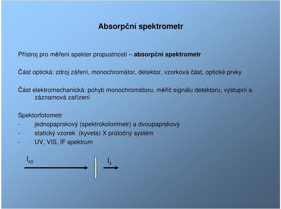 monochromátoru, měřič signálu detektoru, výstupní a záznamová zařízení Spektorfotometr - jednopaprskový