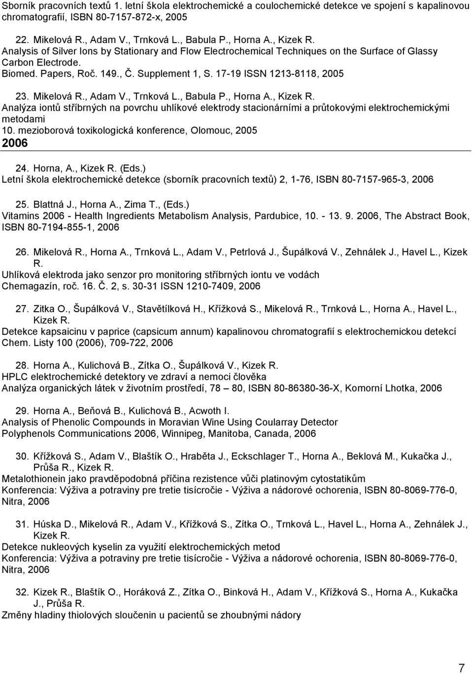 17-19 ISSN 1213-8118, 2005 23. Mikelová R., Adam V., Trnková L., Babula P., Horna A., Kizek R.
