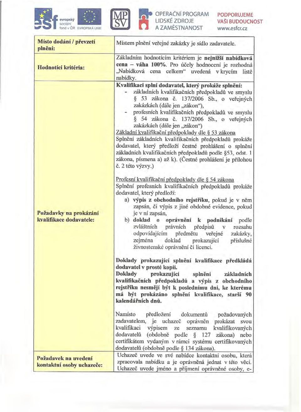 Kvalifikaci splní dodavatel, který prokáže splnění: - základních kvalifikačních předpokladů ve smyslu 53 zákona č. 137/2006 Sb.