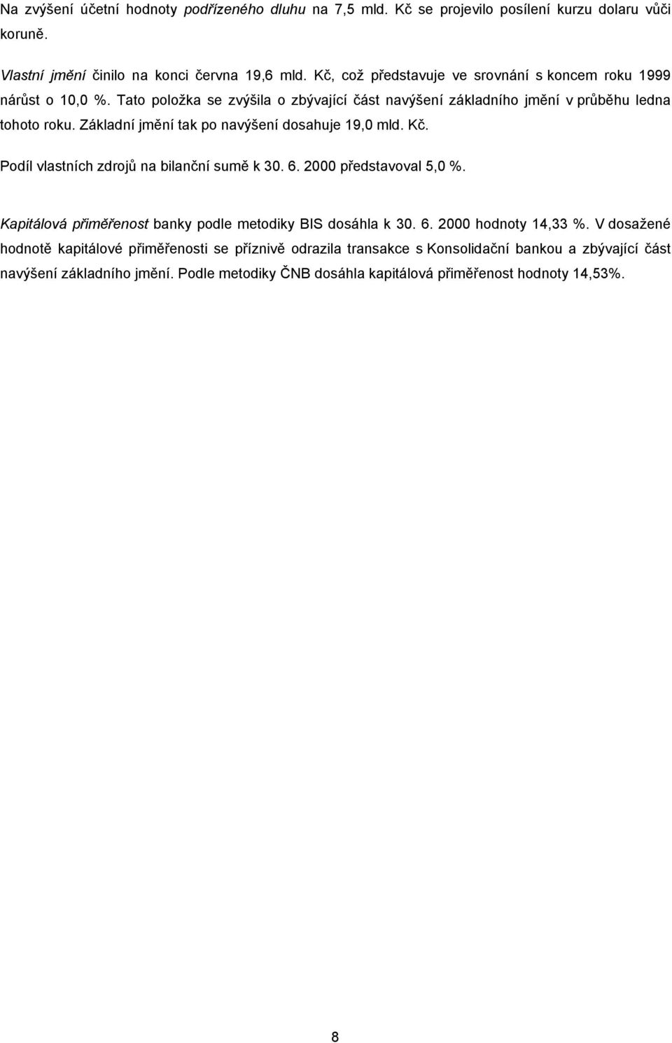 Základní jmění tak po navýšení dosahuje 19,0 mld. Kč. Podíl vlastních zdrojů na bilanční sumě k 30. 6. 2000 představoval 5,0 %.