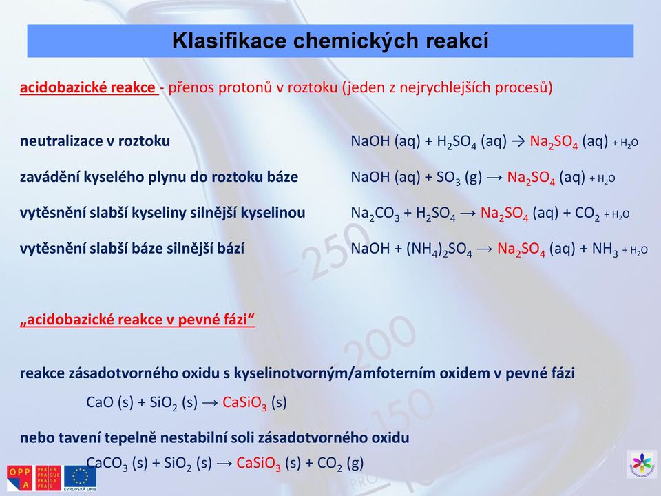Na 2 CO 3 + H 2 SO 4 Na 2 SO 4 (aq) + CO 2 + H 2 O NaOH + (NH 4 ) 2 SO 4 Na 2 SO 4 (aq) + NH 3 + H 2 O acidobazické reakce v pevné fázi reakce zásadotvorného oxidu s