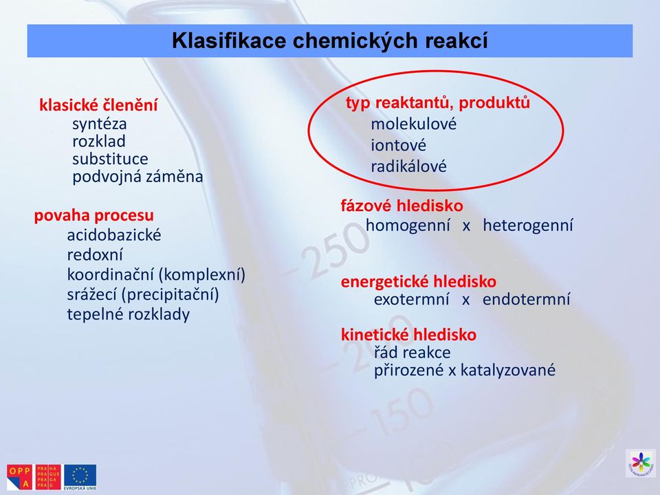 rozklady typ reaktantů, produktů molekulové iontové radikálové fázové hledisko homogenní x