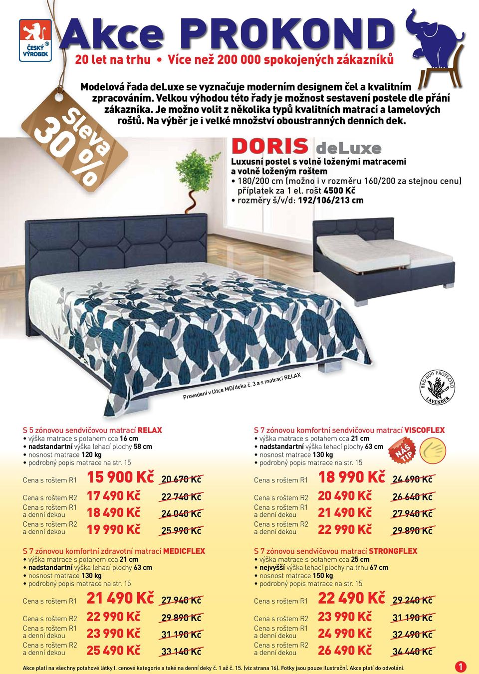 30 % DORIS deluxe Luxusní postel s volně loženými matracemi a volně loženým roštem rozměry š/v/d: 192/106/213 cm Provedení v látce MD/deka č.