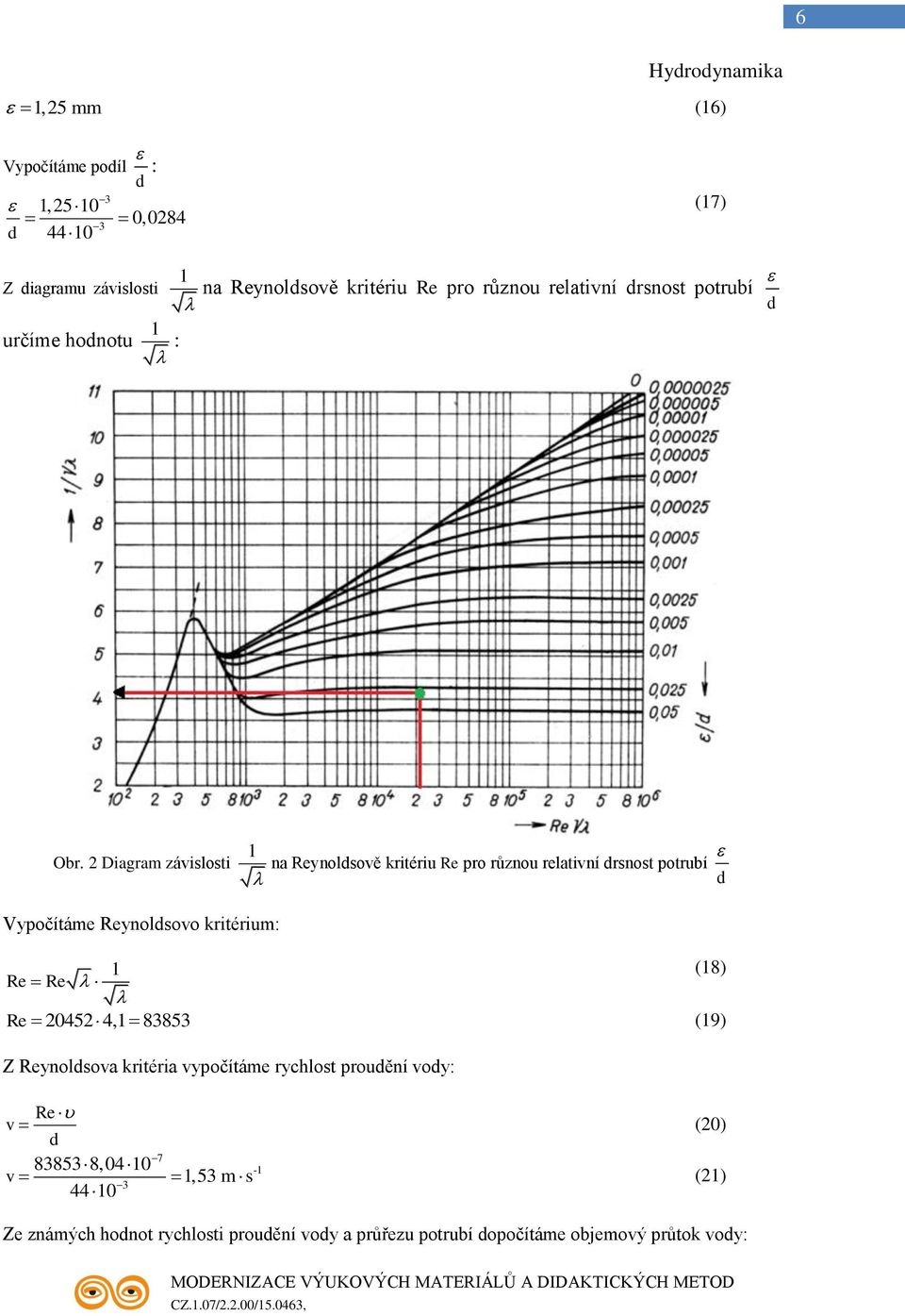 2 Diagram závislosti na Reynolsově kritériu Re pro různou relativní rsnost potrubí Vypočítáme Reynolsovo kritérium: (8) Re Re