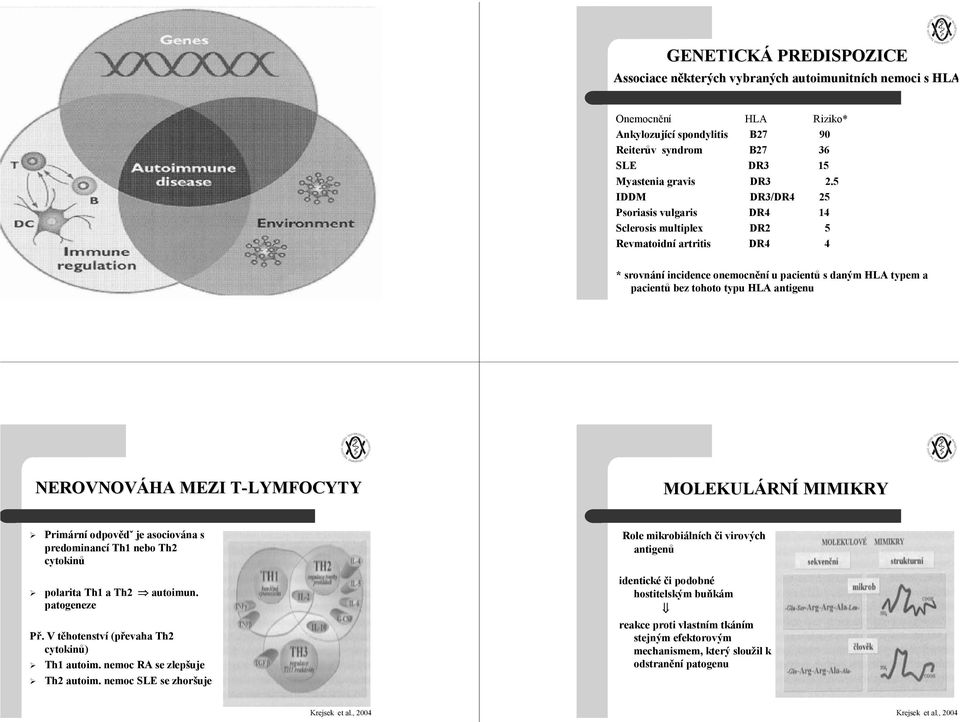 NEROVNOVÁHA MEZI T-LYMFOCYTYT MOLEKULÁRNÍ MIMIKRY Primární odpovědˇ je asociována s predominancí Th1 nebo Th2 cytokinů polarita Th1 a Th2 autoimun. patogeneze Př.