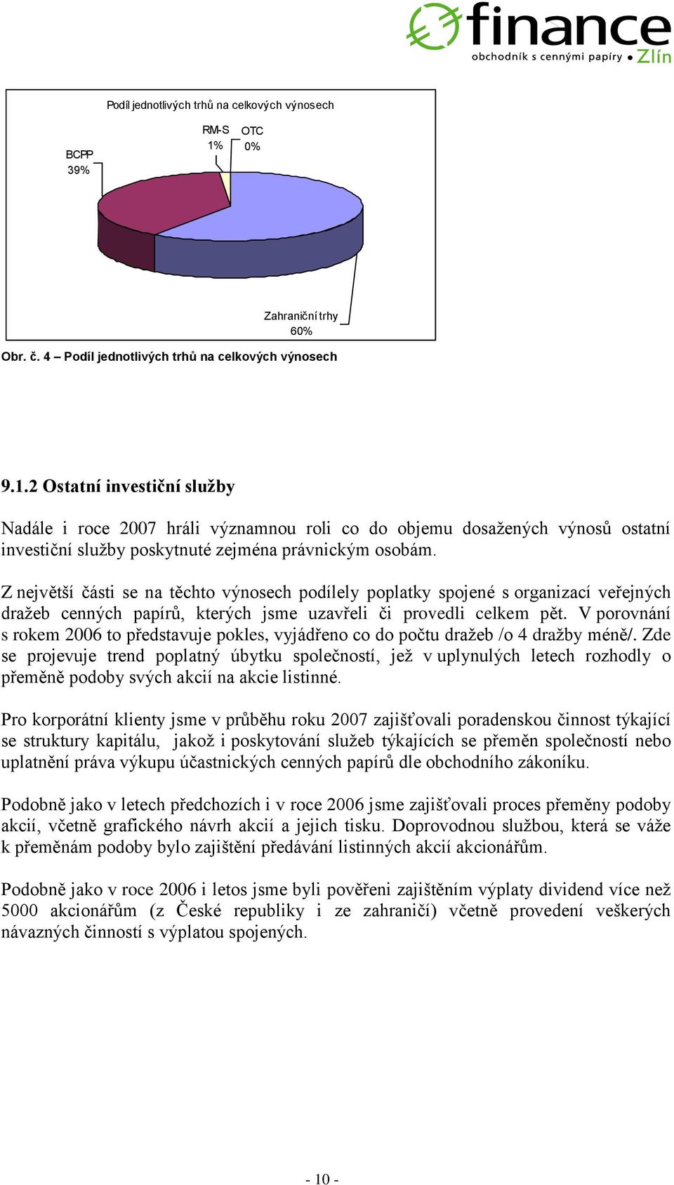 2 Ostatní investiční služby Nadále i roce 2007 hráli významnou roli co do objemu dosažených výnosů ostatní investiční služby poskytnuté zejména právnickým osobám.