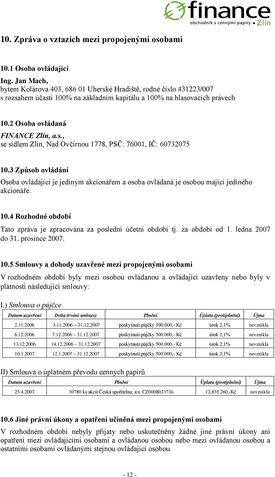 3 Způsob ovládání Osoba ovládající je jediným akcionářem a osoba ovládaná je osobou mající jediného akcionáře. 10.4 Rozhodné období Tato zpráva je zpracována za poslední účetní období tj.